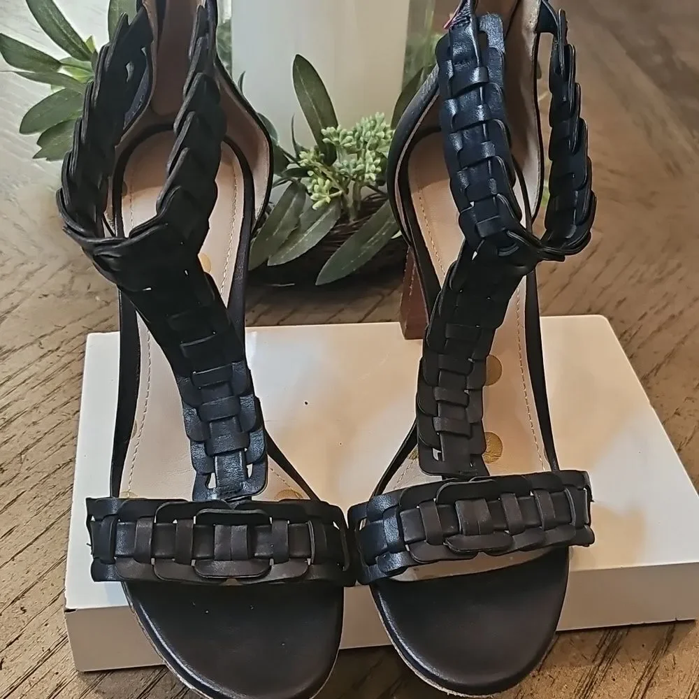Navy T Strap Leather Woven Heel Boden Size 37